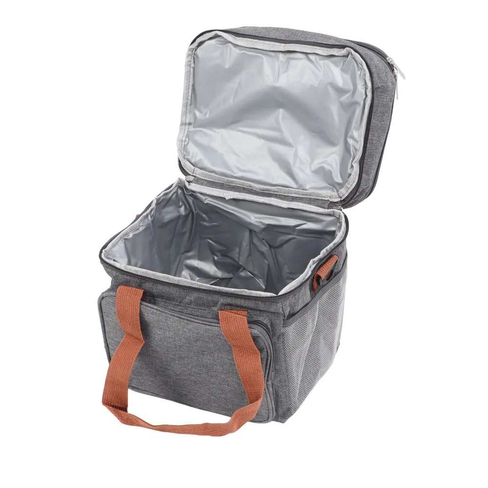 Portable 2 Deck Insulated Lunch Box 2-Way Zipper Grey/Blue Lunch Bag Cooler Bag For Outdoor Hiking