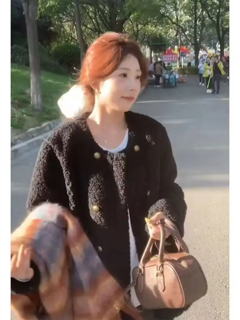 

Thiened Lamb Velvet ort Coat Women's Autumn Winter Vintage Color Loose Double Button Warmth Outerwear Korean Sle