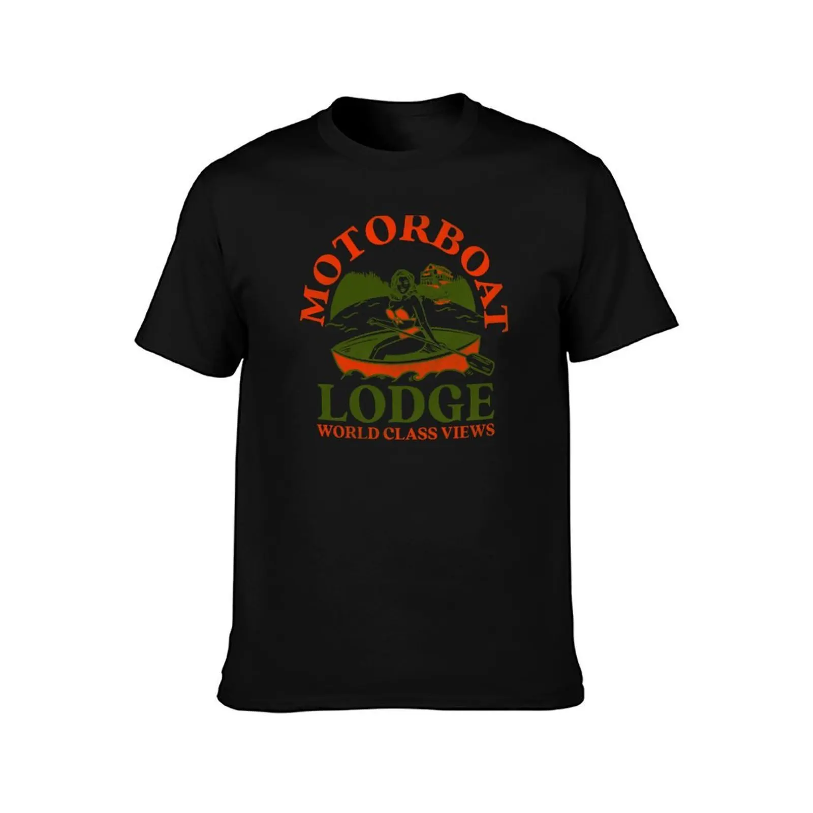 Motorboat Lodge: World Class Views. Funny Retro Pin Up Girl In A Canoe Shirt Design T-Shirt g man t shirts for men T-Shirt