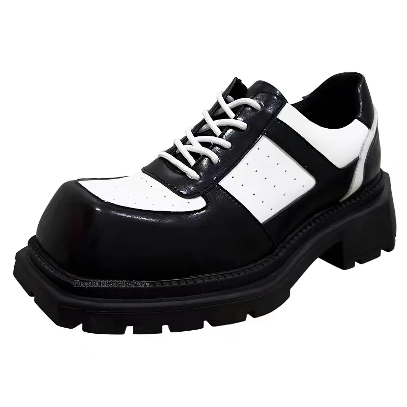 

Black and White Cross Tied Square Toe Derby Shoes Fashionable Height Increasing Men Shoes Novel British Style Men Casual Shoes