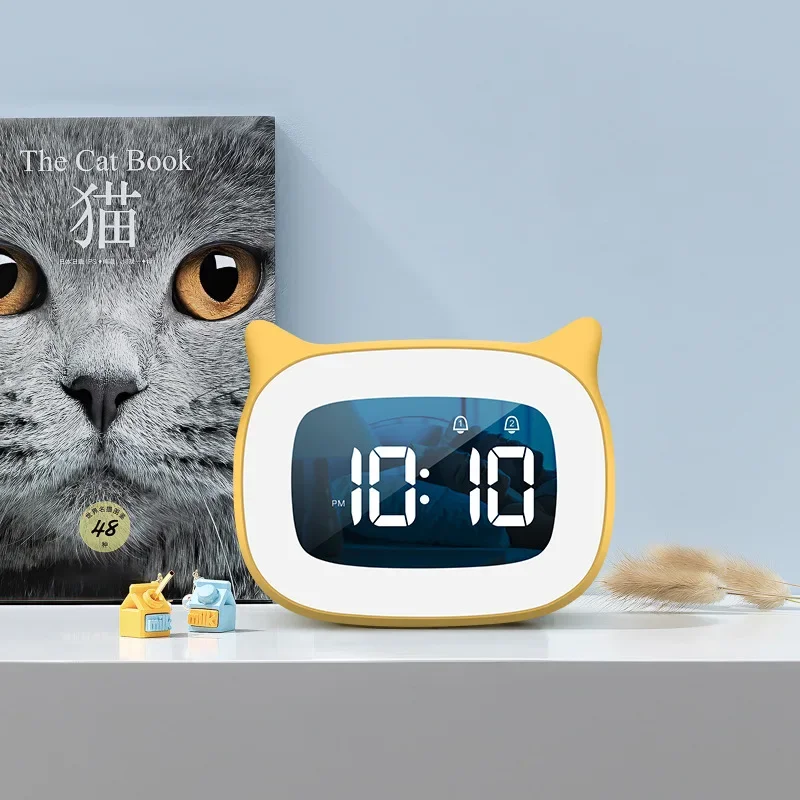 Cat Shape Voice Control Led Alarm Clock - Usb Dual Music Night Light, Desktop Table Decoration Clock