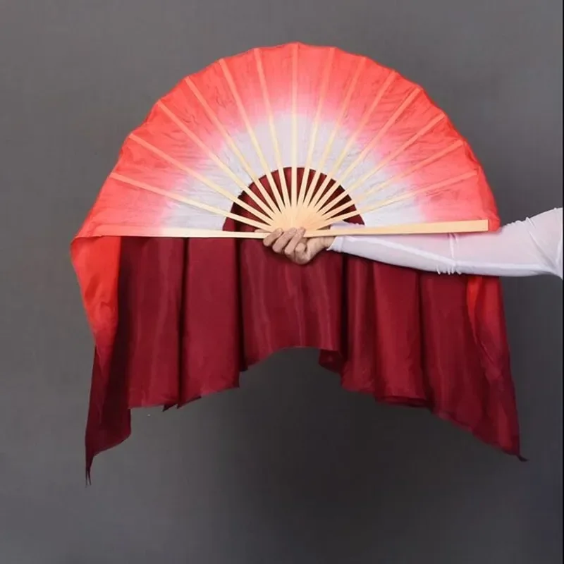 Dual Color Real Silk Bamboo Folk Dance Fan Chinese Handmade Belly Dancing Fans Folk Art Fan White Red Gradient Assorted Size