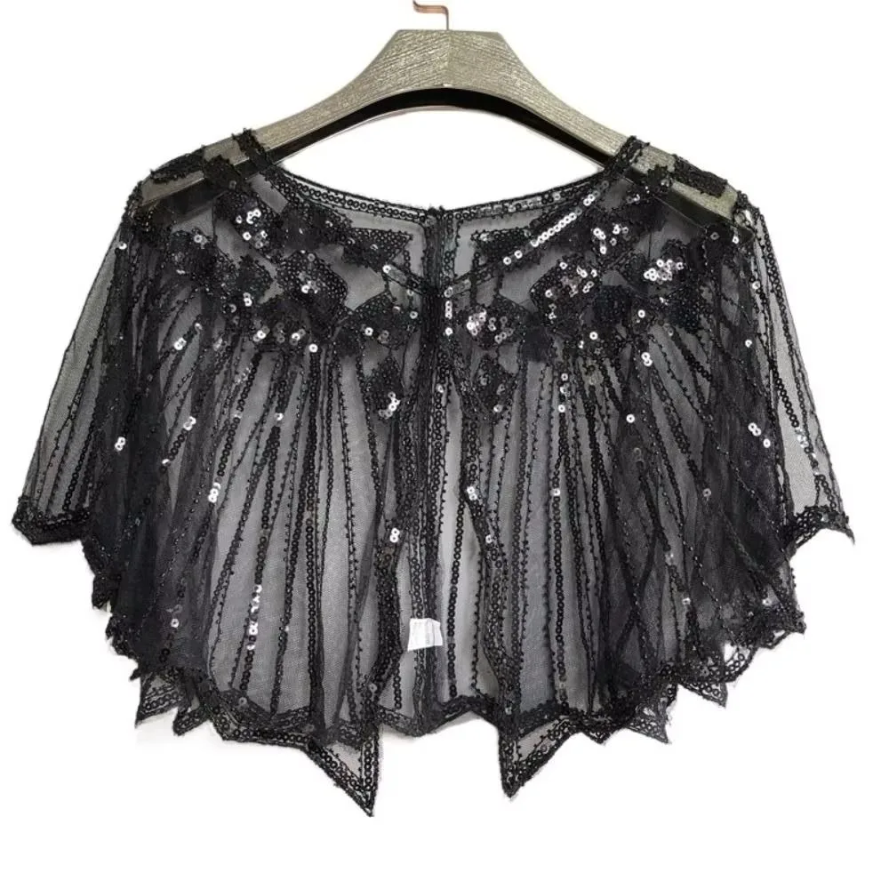 

Beaded Decoration Women's Sequins Shawl Vintage Short Cover Evening Cape Up Dress Accessory Mesh Flapper Party Shawl Ladies