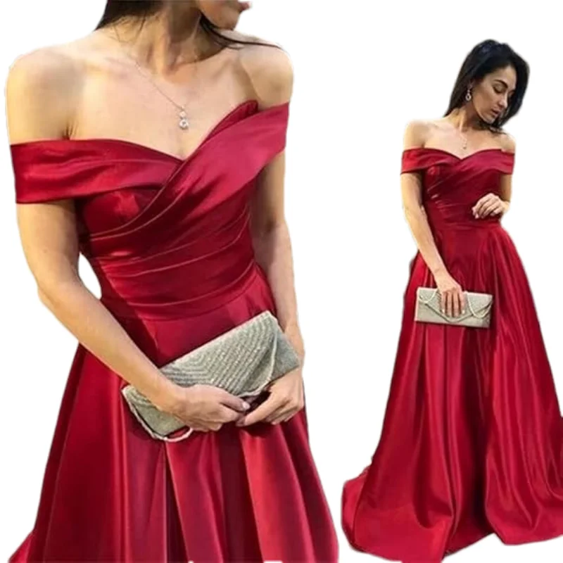 

Customized Women's Off The Shoulder Prom Evening Dresses A line Satin Pleated Long Formal Dress Party Gown with Pockets
