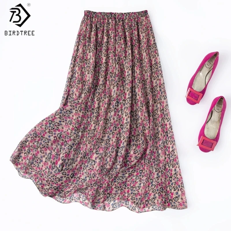 Birdtree, 100% Silk Floral Retro Skirt, Double Layer, Women's Georgette Beach Skirts, Elastic Waist, 2026 Summer New D64009JF