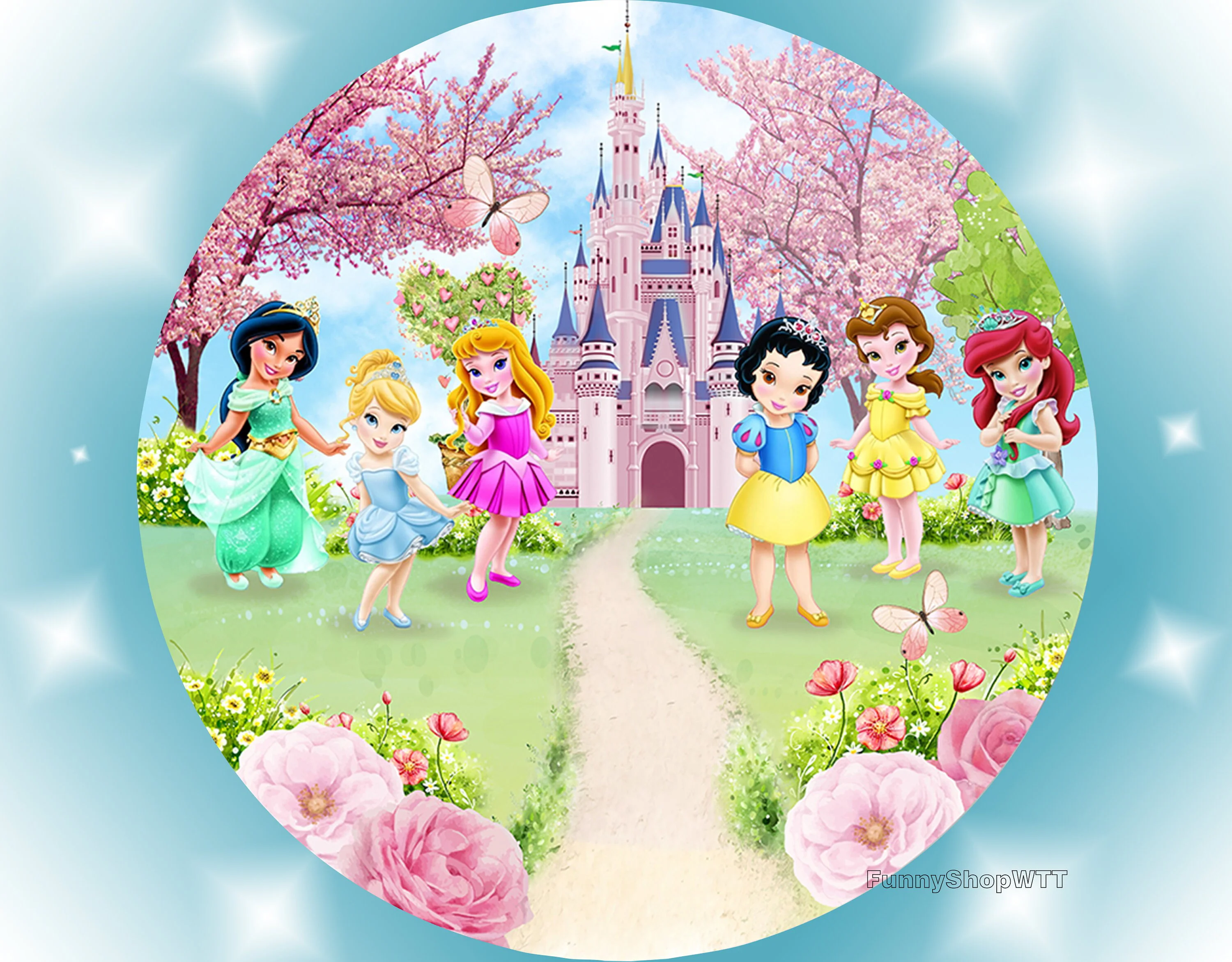 Disney Little Princess Snow White Cinderella Belle Round Backdrop Girls Pink Birthday Party Decor Circle Photography Backdrop