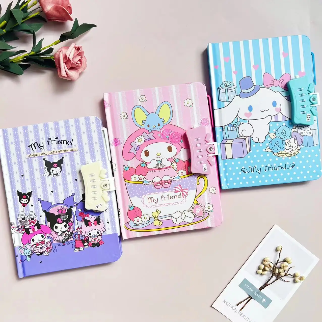 Sanrio Notebook Set with Password Lock My Melody Kuromi Cartoon Writing Book Cute Journal for Students Birthday Gifts