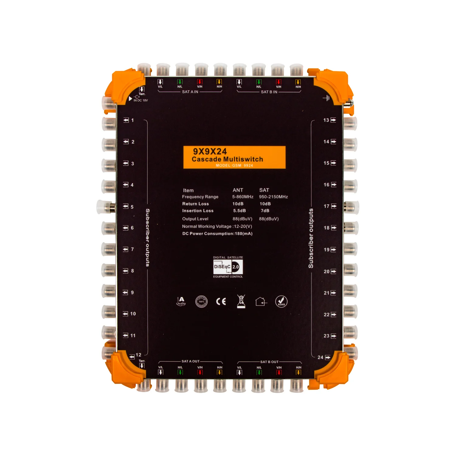 9x24 9x32 Output DiSEqC Satellite Multiswitch with Power Adapter 950-2150Mhz Smatv Satellite Multiswitch