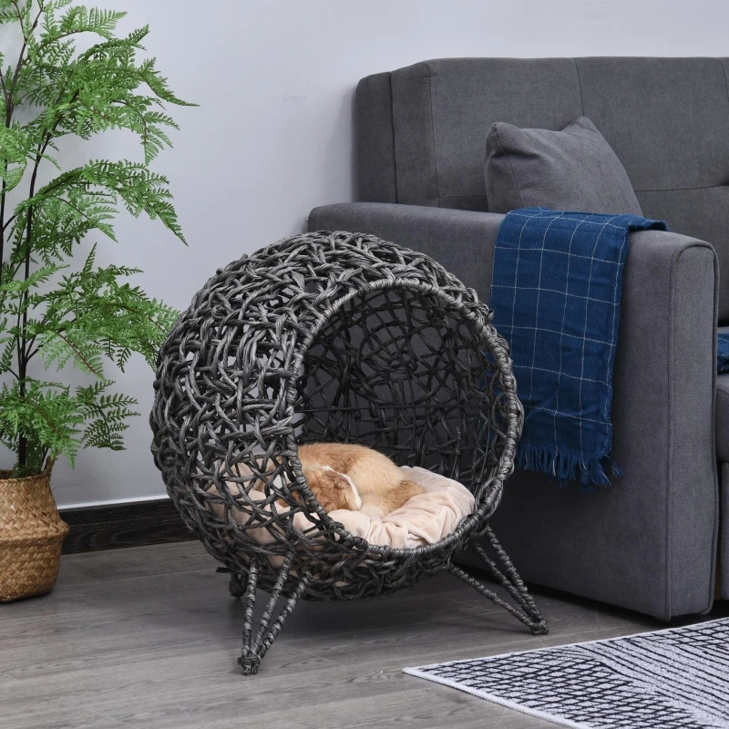 Rattan-Katzenhaus mit Kissen und erhöhten Füßen, silbergrau, Ø52×58cm, gemütlicher Schlafplatz im Höhlenstil für Katzen – Detail 2