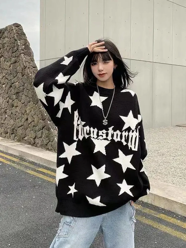 Zoki Star Print Loose Sweaters Women Vintage Oversize Streetwear Knitted Pullovers American Casual Long Sleeve Harajuku Bf Tops