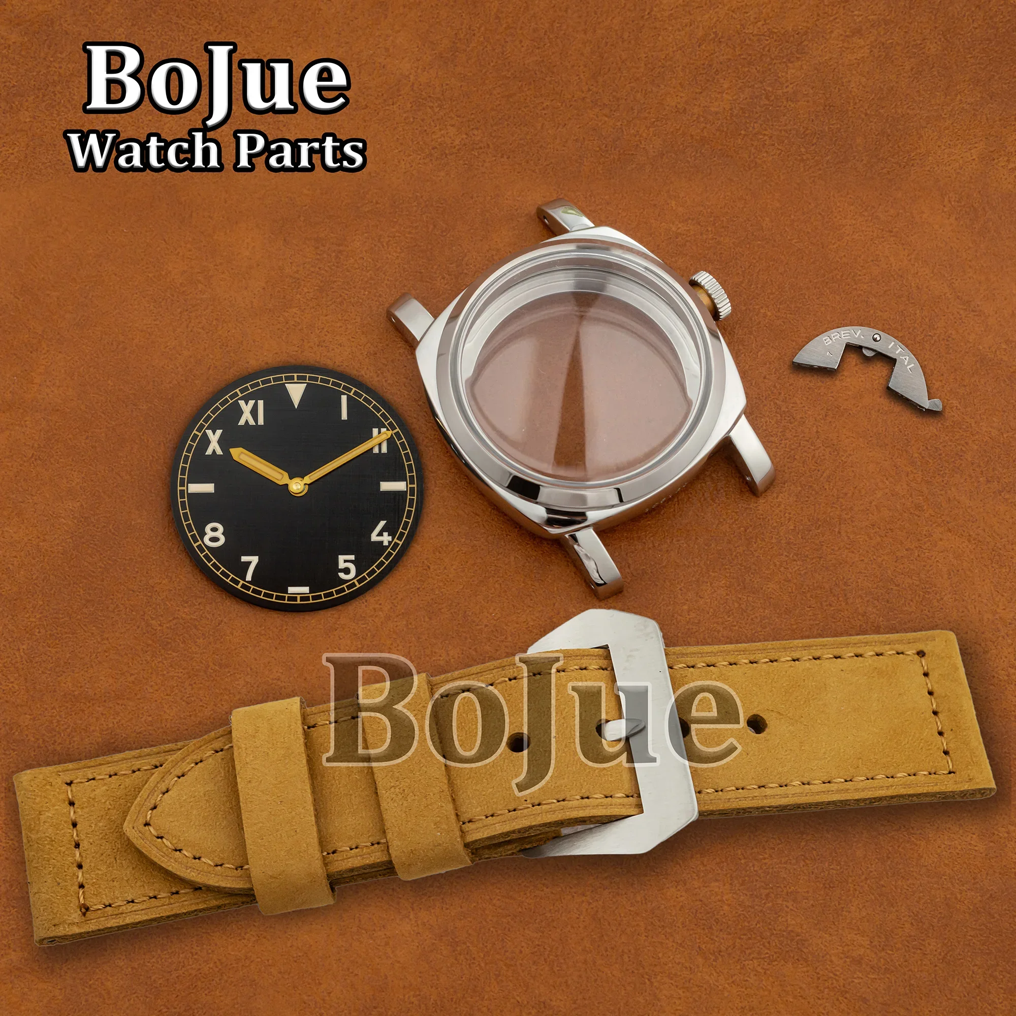 

47mm Stainless Steel Waterproof Watch Case Kit with Dial Hands Leather Strap Plexiglass Fit for PAM 6152 Mod ETA6497/6498/ST3600