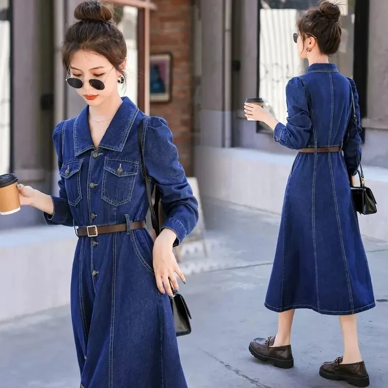 Women\'s Autumn New Denim Dress Single-Breasted Blue Street Bomber Vintage Jeans Dresses Fashion Elegant Long Dress Female 2023