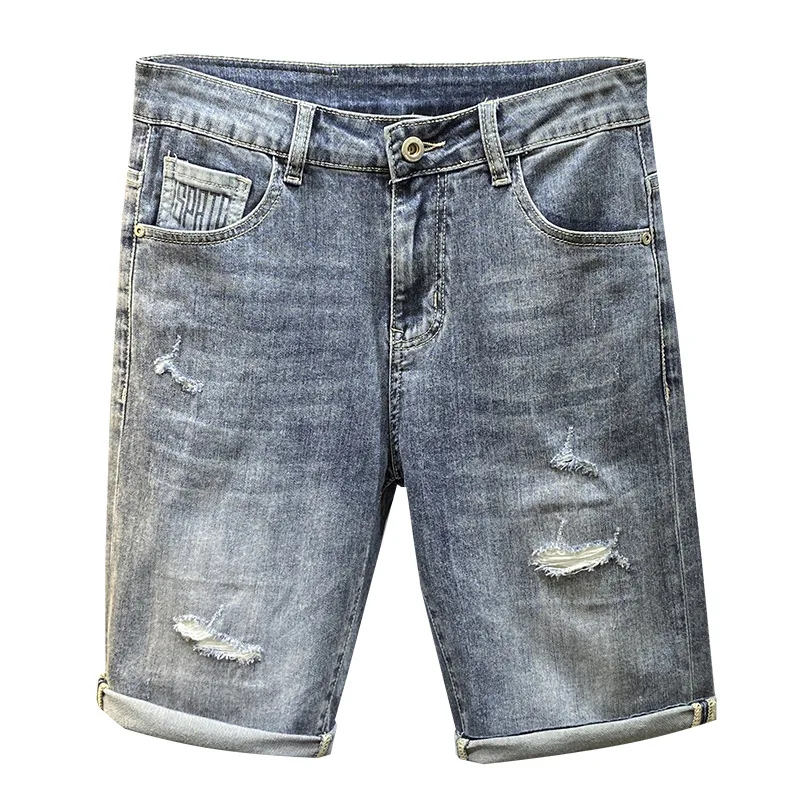 Ripped denim shorts for men2024summer new fashion printed Pu Shuai all-match loose straight casual high-end cropped pants