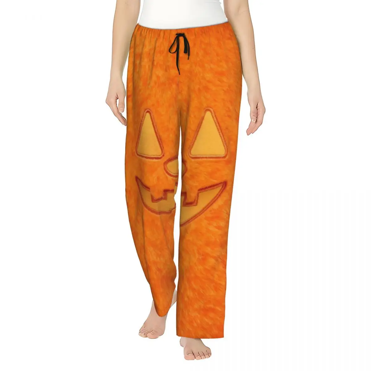 Ladies Pajama Pants Orange Pumpkin Face Halloween Lounge Pants Loose-Fit Sleep Bottoms Home