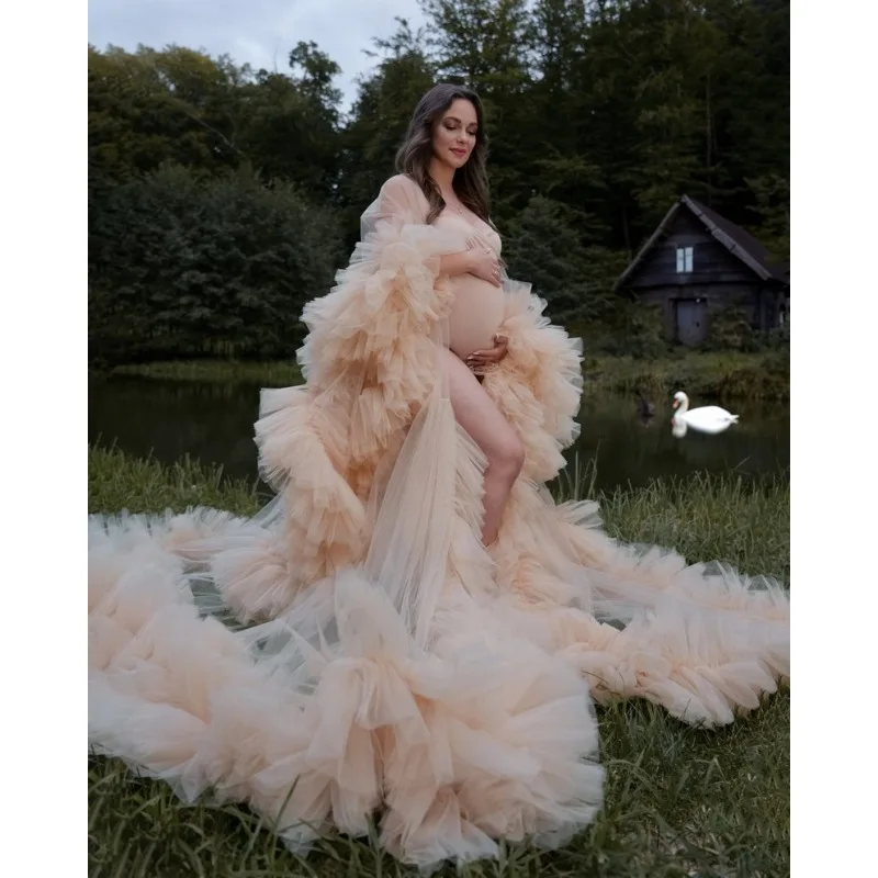 

Пышное платье для беременных с рюшами — прозрачное тюлевое платье для фотосессии с очень большими рукавами и открытым передом — детский душ и свадебная ночная рубашка