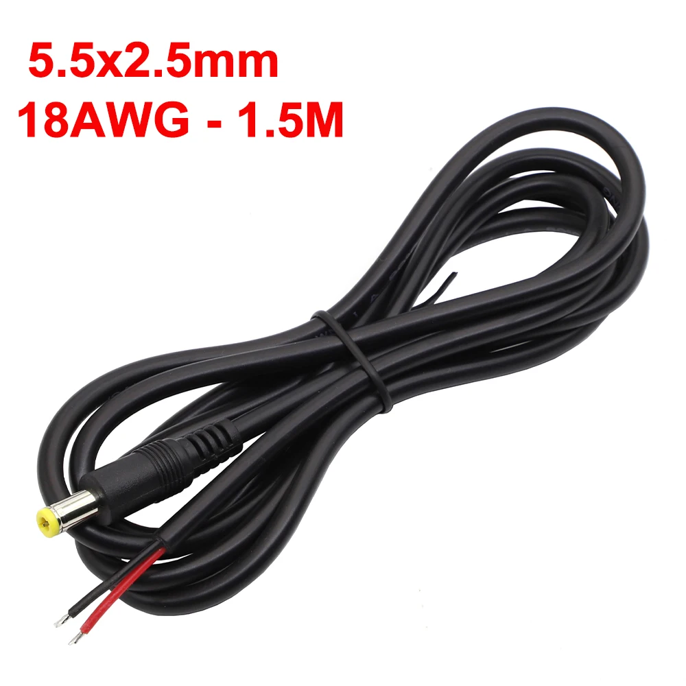 

DC 5.5 x 2.5mm Male Plug to Bare Wire Open End Power Wire Supply Repair Cable 18 AWG 5525 Connector DC5525 Pigtails Cable 1.5M