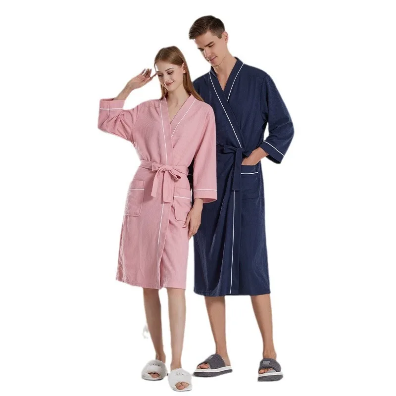 Couples thin pajamas absorbent quick drying bathrobe Long lightweight soft SPA bathrobe solid color casual home clothing