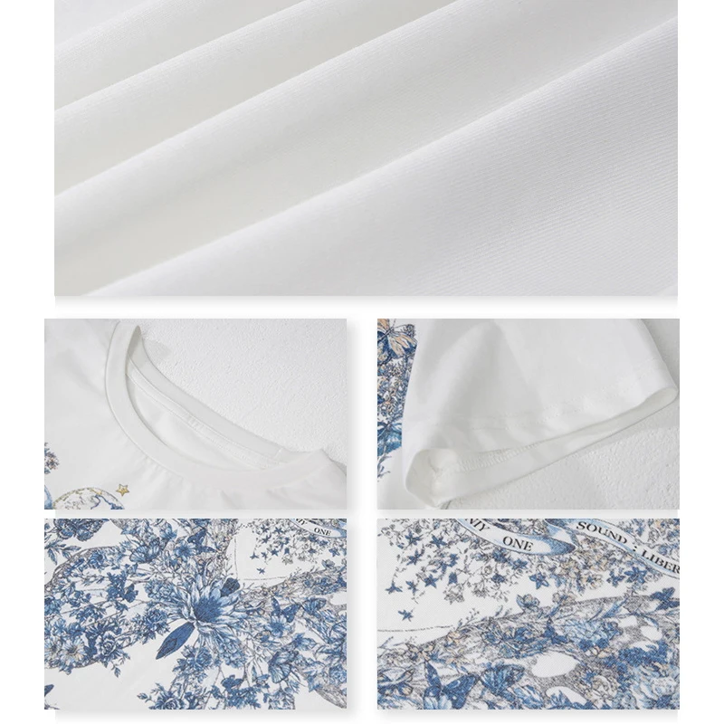 T Shirts Woman Summer 2024 Blue Butterfly Print Front Female Clothing Y2K EMO Clothes Fashion Trend Youth Girl’s Blouses Tops