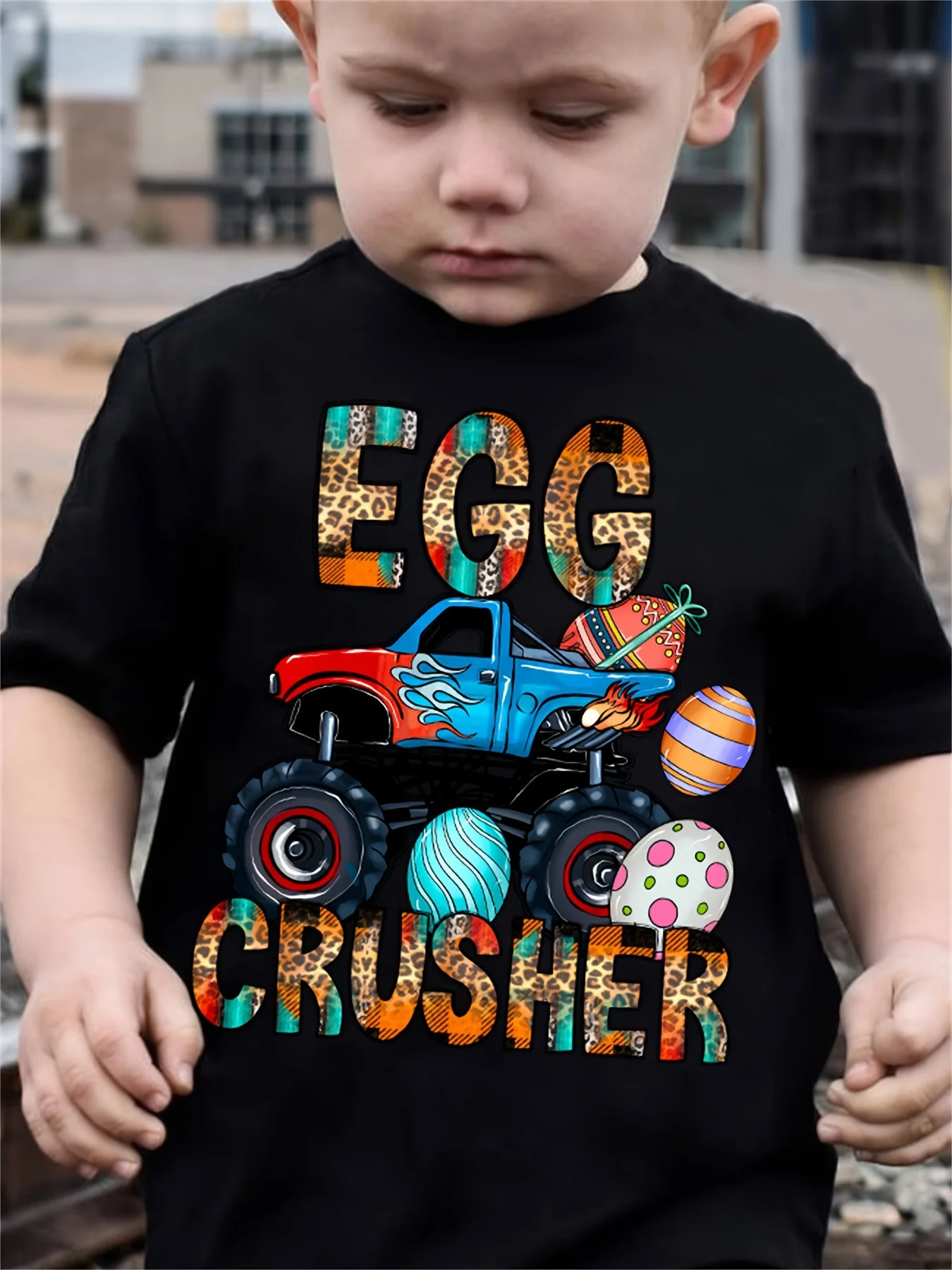 Easter EGG CRUSHER Print Boy's Casual Tees, Short Sleeve Crew Neck Comfy T-shirt Kids Outdoor Sports Clothing