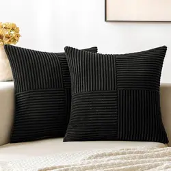 Black Corduroy Pillow Covers Boho Decorative Spliced Throw Pillow Covers Soft Solid Couch Pillowcases Cushion Covers for Sofa