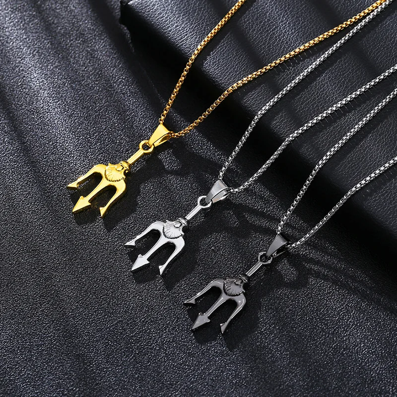 Hip Hop Unisex Trident Necklace Stainless Steel Link Chain Aquaman Pendant Punk Black Poseidon Trident Pendant Necklace For Men