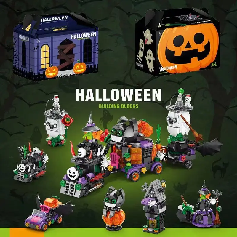 Halloween Pumpkin Head Ghost Train Block set DIY educational block toys for children holiday gifts for home decoration