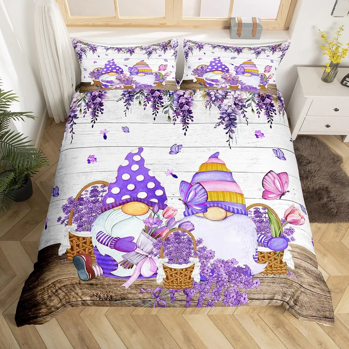 Purple Lavender Dwarf Duvet Cover King Queen Kawaii Cartoon Gnome Bedding Set Spring Flowers Comforter Cover Floral Quilt Cover