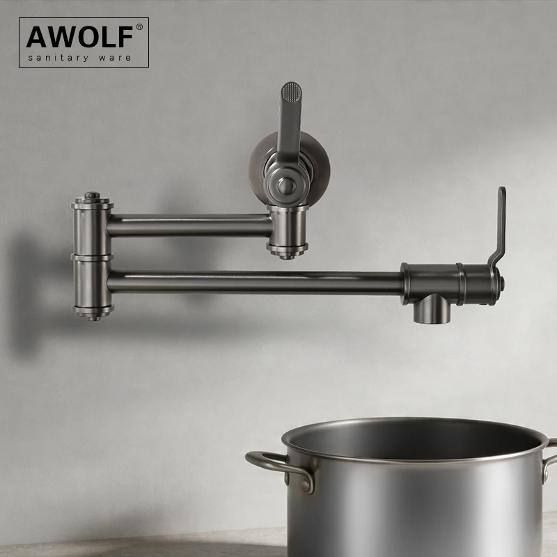 Kitchen Folding Faucet Solid Brass Pot Filler Brushed Grey Wall Mounted Brushed Gold Nickel 360 Degree Rotation Tap Chrome FW015
