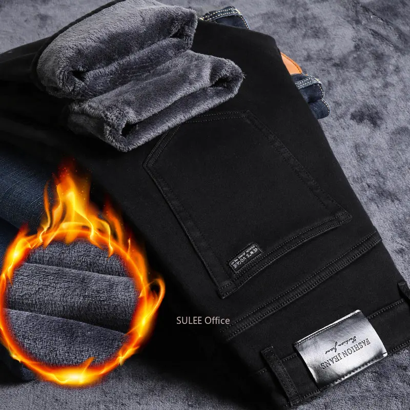 

Winter New Men's Fleece Warm Jeans Classic Style Business Casual Thicken Regular Fit Denim Pants Black Blue Brand Trousers