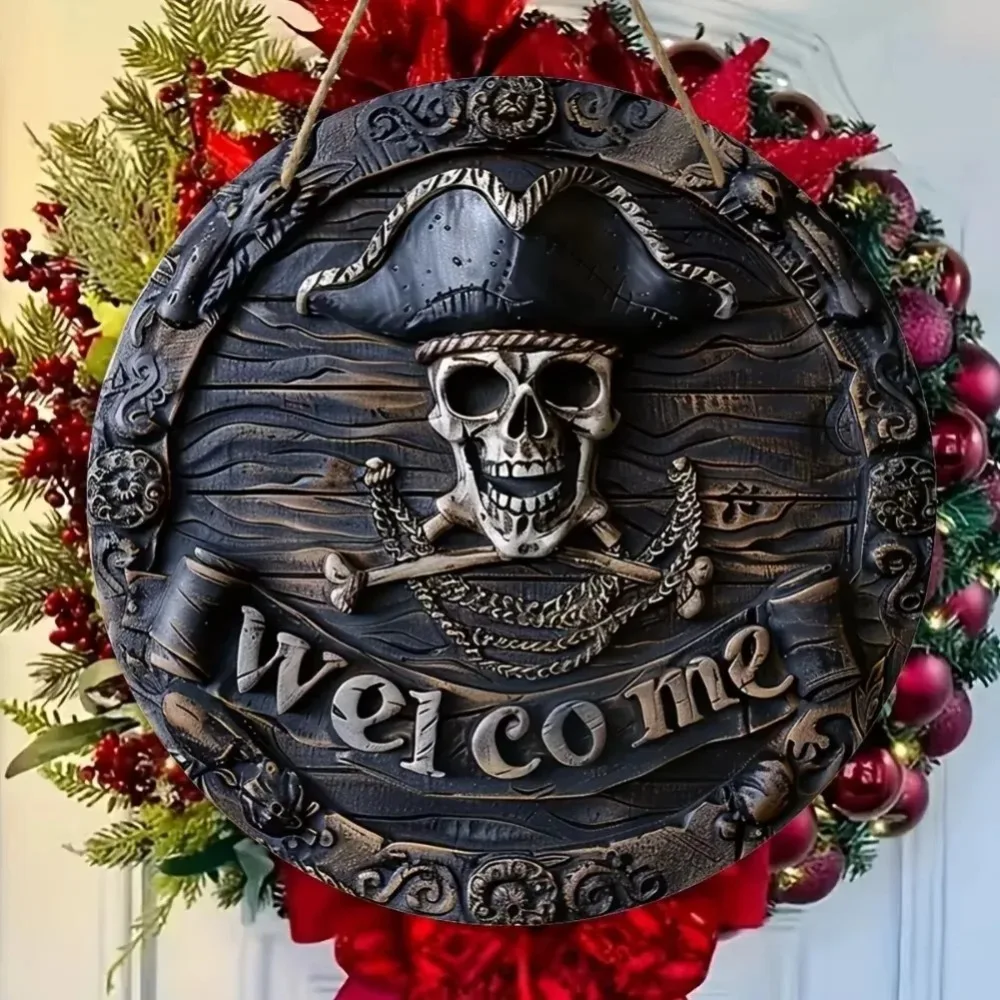 SkullPirateWillkommen ™   Gruseliges und stilvolles Willkommensschild mit Piratenschädel für unvergessliche Dekoration. Ideal für die Halloween-Party