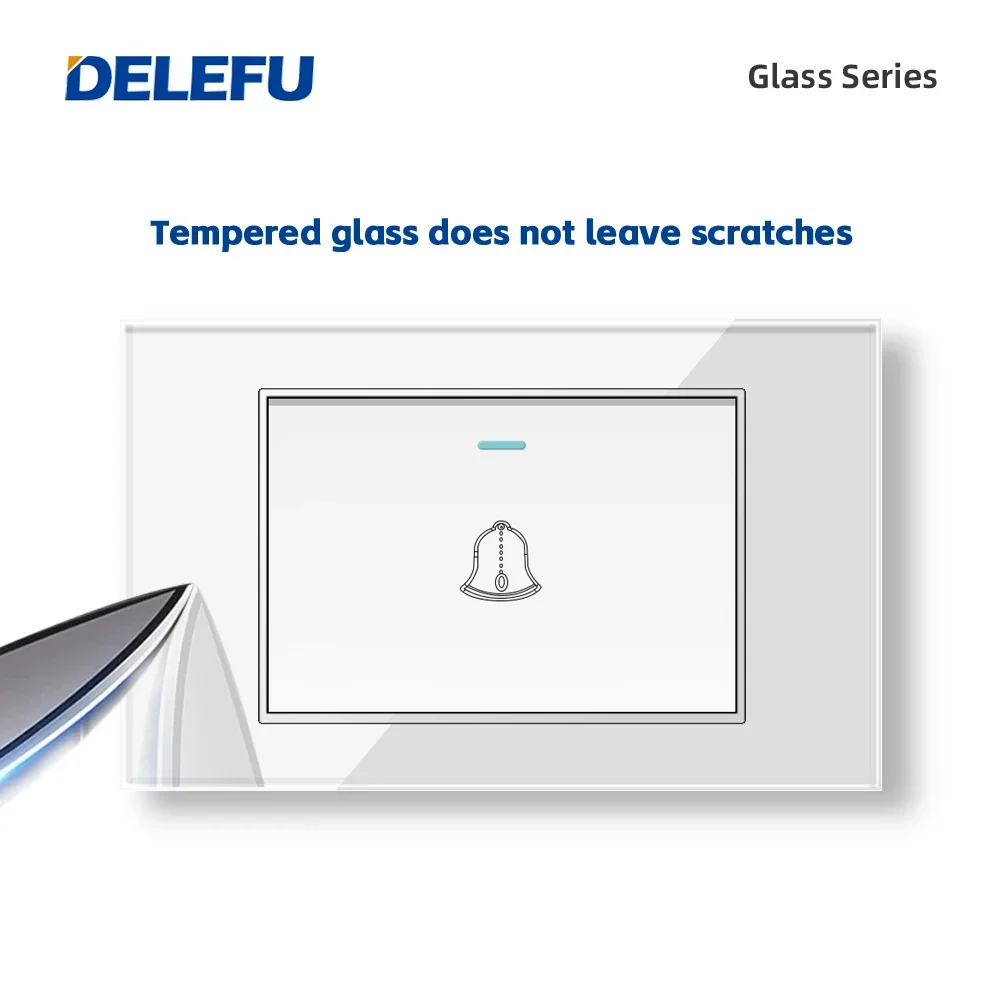 DELEFU Tempered glass panel Brazil Standard Switch Socket 118*72mm10A 20A Doorbell switch Doorbell Ding Dong Grey Black White Go