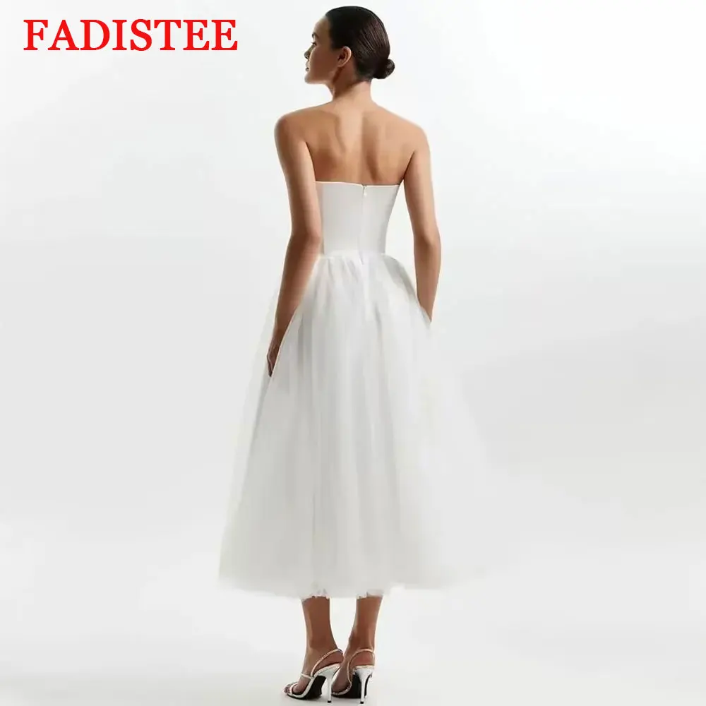 Aangepaste eenvoudige strapless galajurken A-lijn bruiloft feestjurk Robe De Soiree avondjurken theelengte