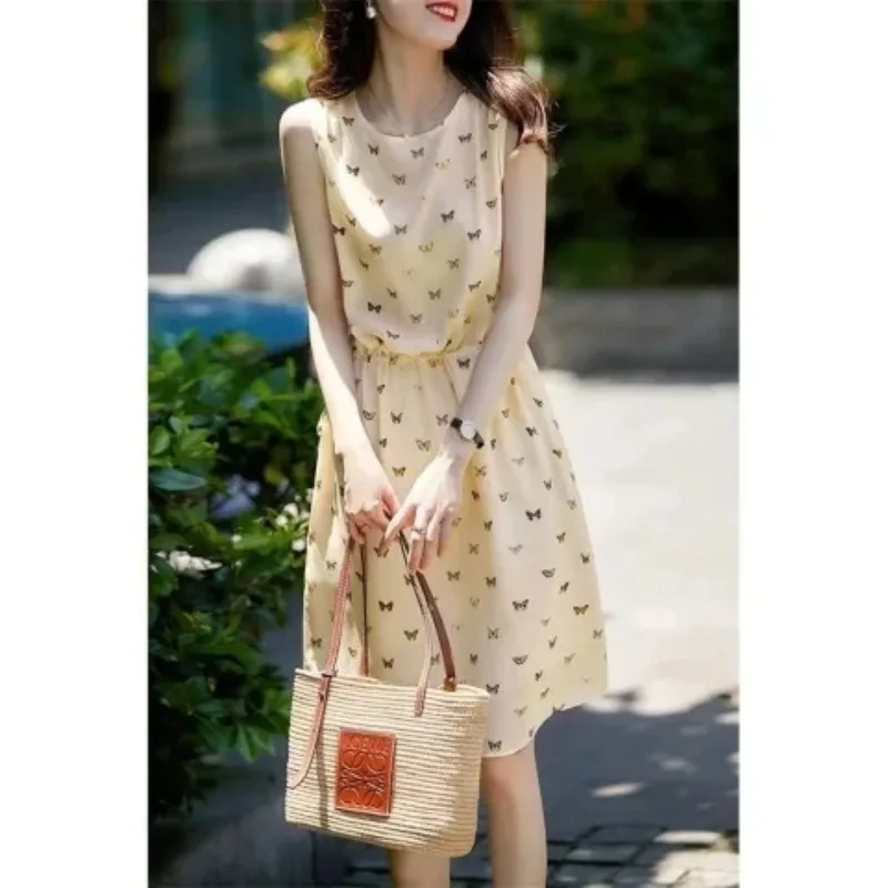 2024 Women's Summer Pullover Round Neck Spliced Fashion Casual Elegant Butterfly Button Print Sleeveless Lace Slim Silk Dress