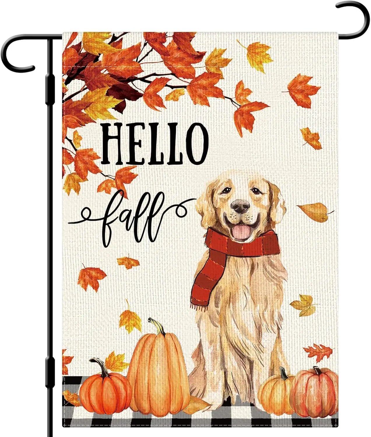 DLZDN Hello Fall Dog Garden Flag Autumn Golden Retriever Pumpkins Maple Leaves Flag 12×18 Inch Double Sided Buffalo Plaid Farmho