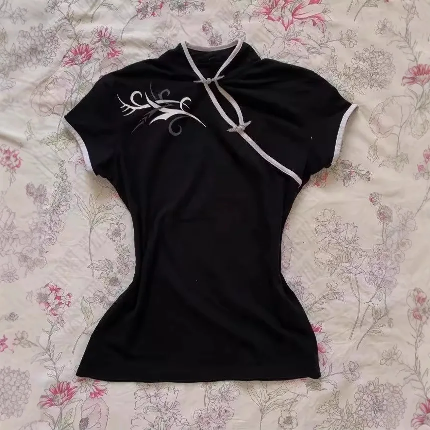 Chinese Style Embroidery Y2K Slim Top Summer Women's Casual Comfortable V-neck Cheongsam Buckle T-shirt Elegant Fashion