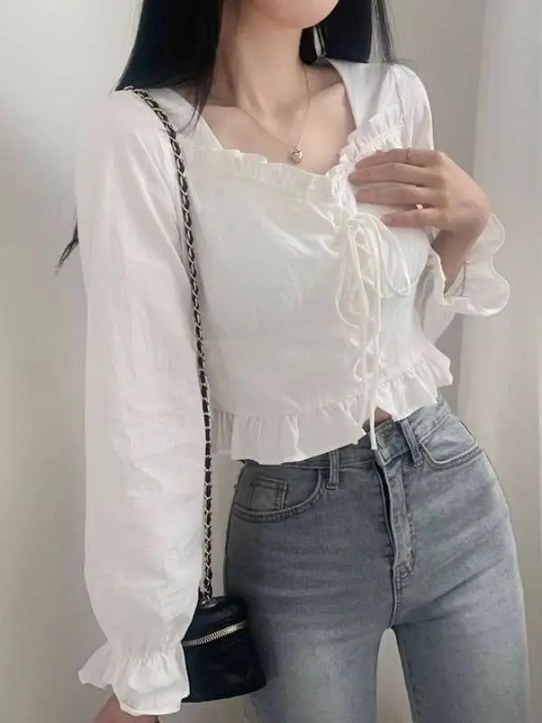 

Шикарный длинный све irt, женский весенне-осенний дизайн, облегающий галстук-бабочка с квадратным воротником, модный топ, французский стиль, обычный тай...