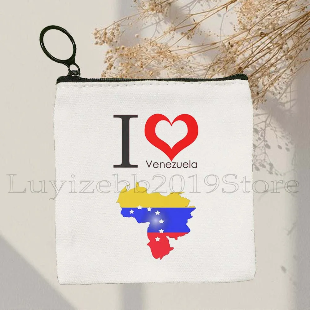 Venezuela Flag Map Pride Round Emblem National Symbol Margarita Island Venezuelan Girl Coin Purse Canvas Bag Square Key Card Bag