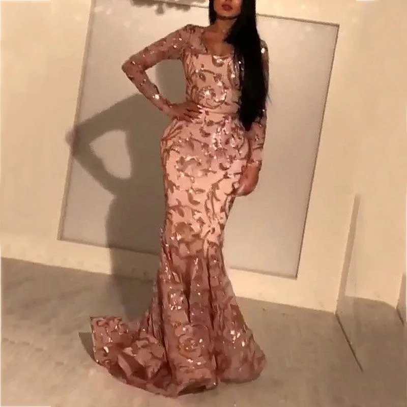 

Sexy Sequin Slimfit Hip Wrap Dinner Gown Petal Design Long Sve Polyester Fiber Evening Dr for Banquet Ocns