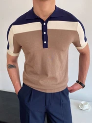 Fashion Patchwork Men Polo Shirts Knitted Short Sleeve Slim Tops Pullover 2022 Spring Summer Men's Casual Turndown Collar Polos