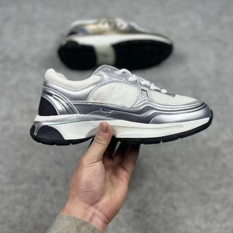 Unisex Silberne Plateau-Chunky-Sneaker, atmungsaktive Mesh-Freizeitschuhe, rutschfeste Streetwear-Trainer für den täglichen Gebrauch im Freien