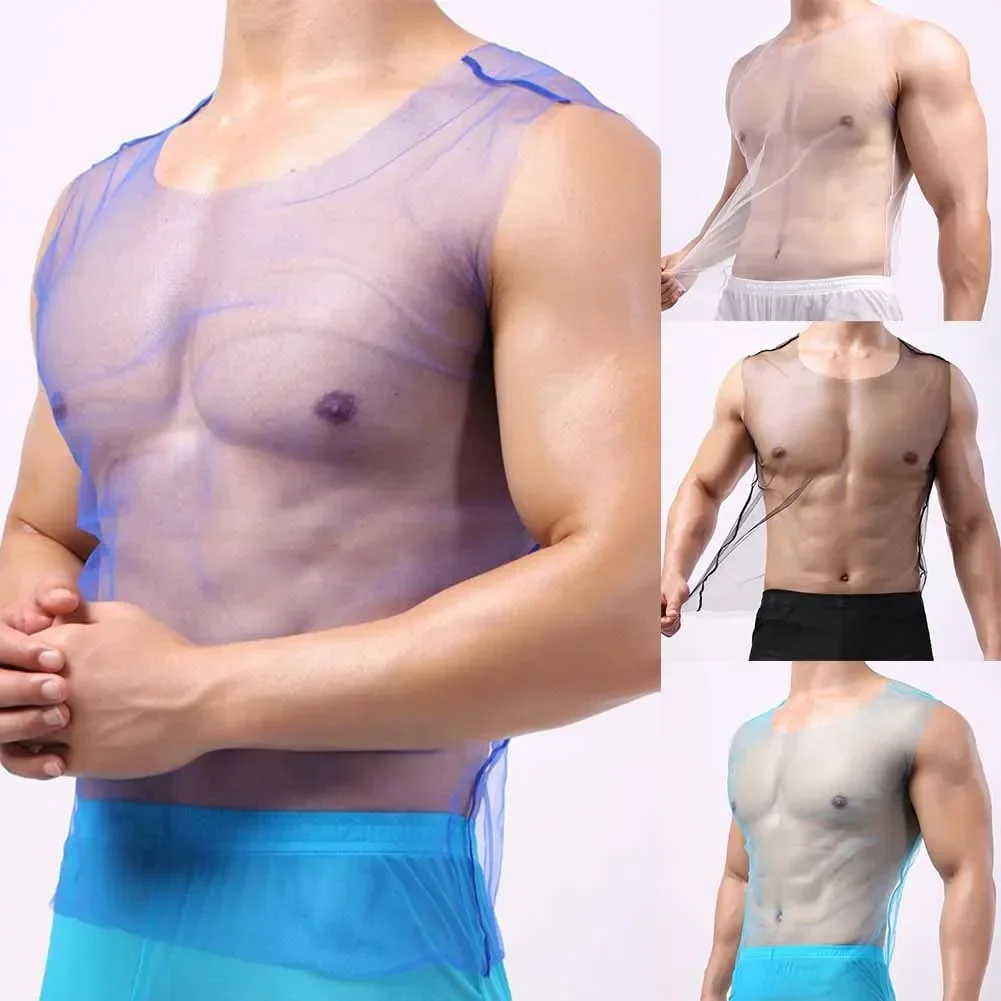 

Men Ultra Thin Mesh Tank Tops Fitness Gym Muscle Vest See-Through Sleeveless T-Shirt Male Sexy Undershirts Party Clubwear