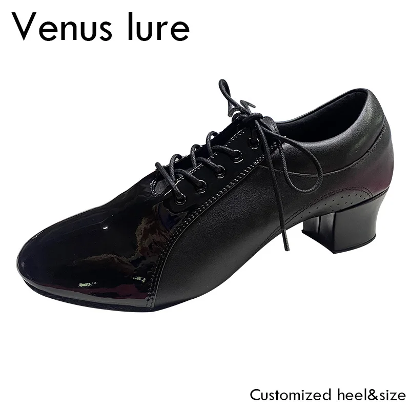 أحذية Venus Lure الرياضية للرقص اللاتيني الأسود المخصصة للرجال من الجلد اللامع مع ثقب 1.6 بوصة