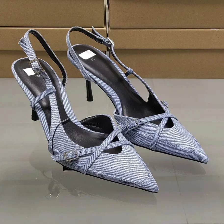 ZAZA Women Blue Denim High Heels Sexy Pointed Stiletto Sandals 2024 Summer Lady Casual Slingbacks Cross Strap Buckle Pumps Shoes