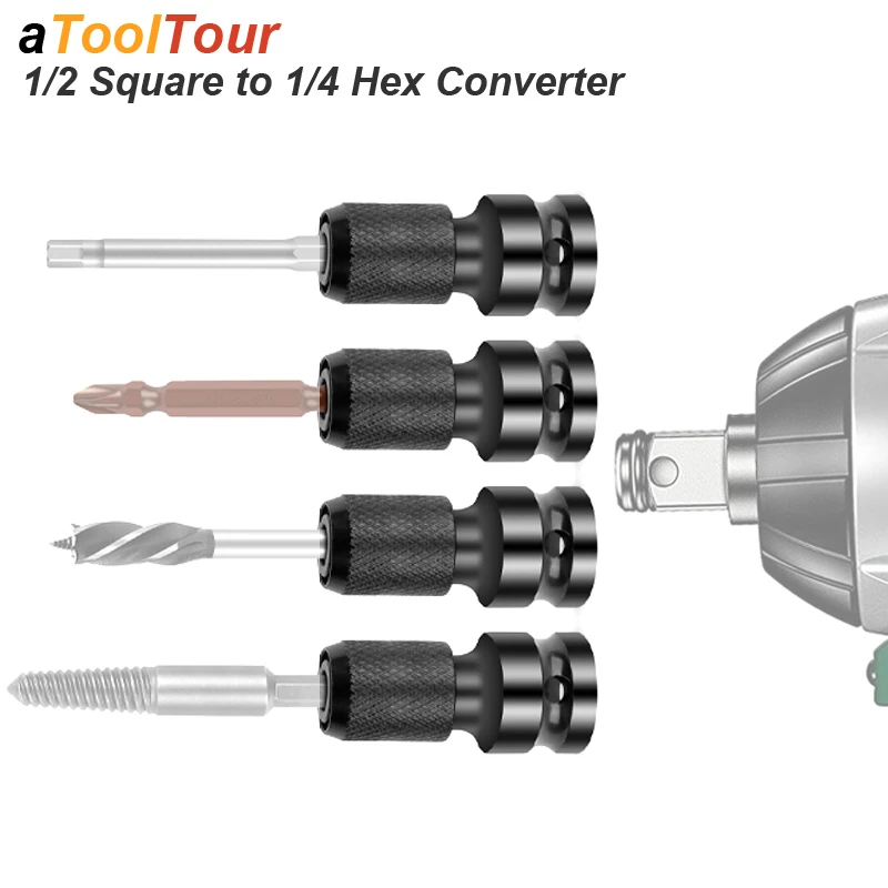 Electric Wrench 1/2 Square Drive To 1/4 Hex Socket Female Adapter Spanner Chuck Converter Impact Air Extension Pneumatic Tool