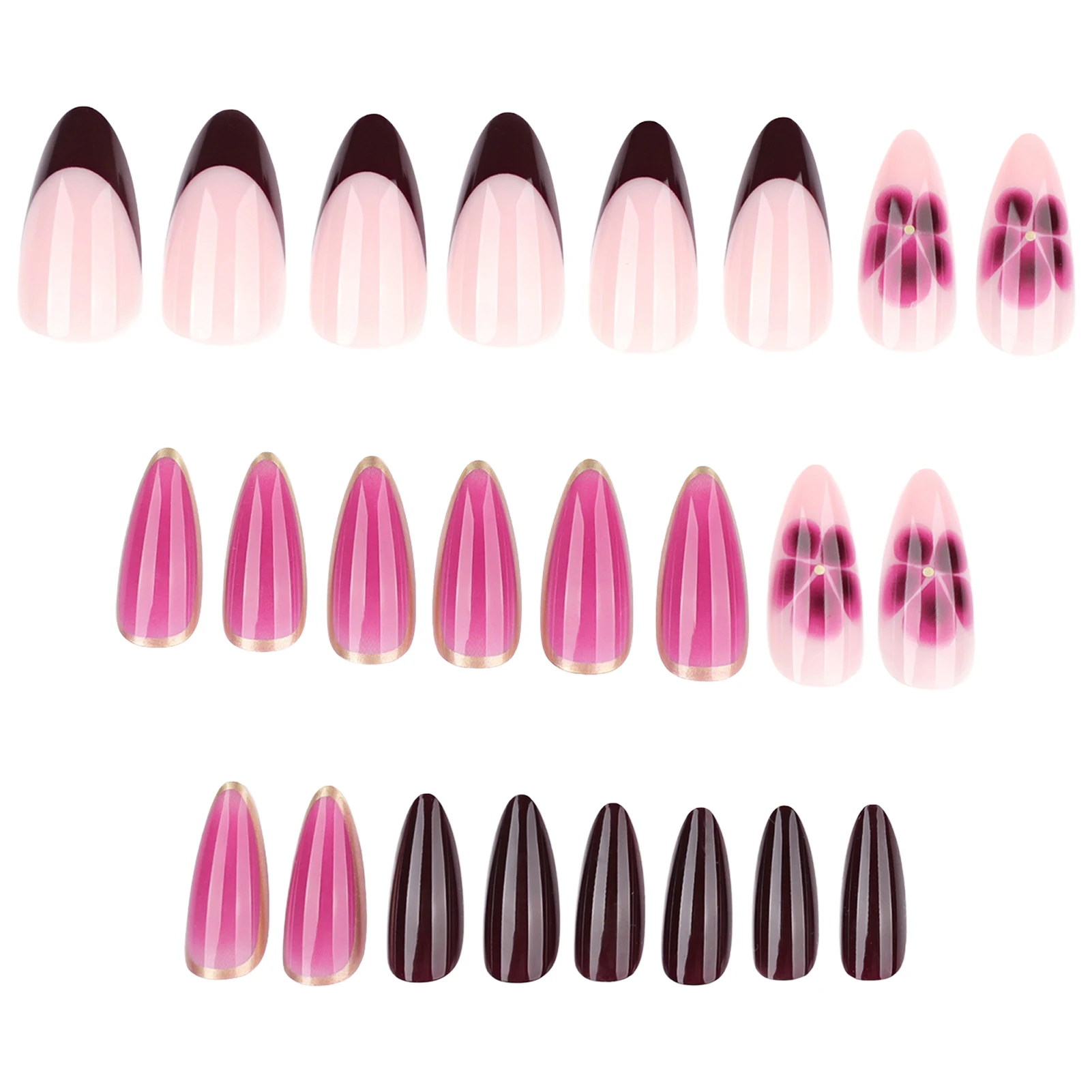 Rose Rose amande faux ongles 24 pièces rouge foncé français presse sur ongles fleur imprimé épicé filles charme manucure Stick-on faux ongles