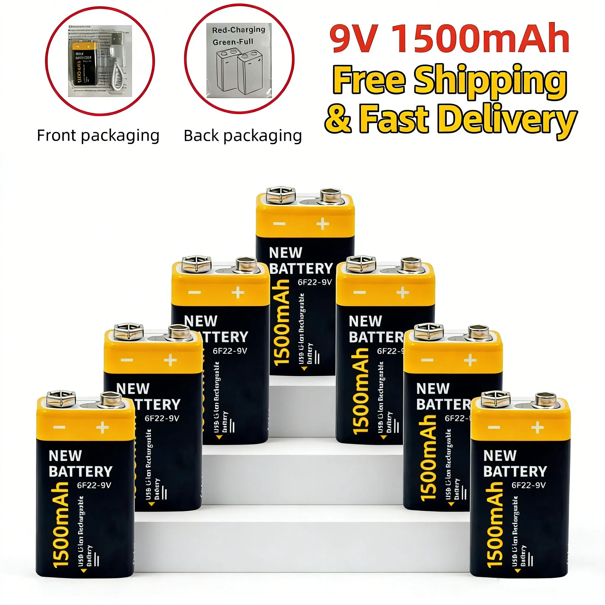 

Rechargeable 9V Lithium Battery 6F22 1500mAh USB Type-C Battery for Remote Control, Toys, Electronics