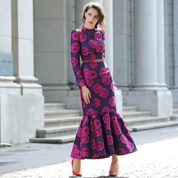 DEVCHATA Elegant Brocade Women Long Mermaid Dress Vintage Flower Slim Clothing Stand Collar Party Dresses Robe Femme Vestido