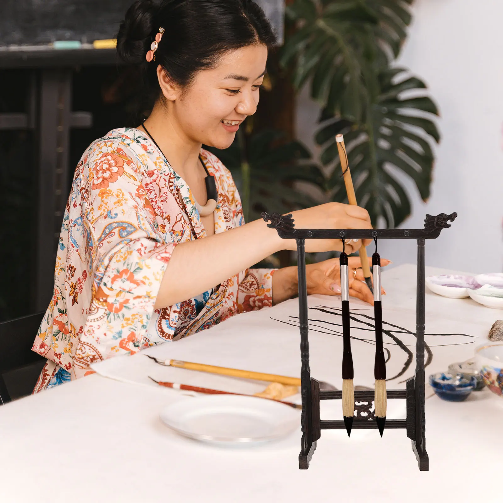 

Wooden Calligraphy Brush Holder Traditional Chinese Pen Stand Multipurpose Brush Pen Storage Rack Desktop Decor