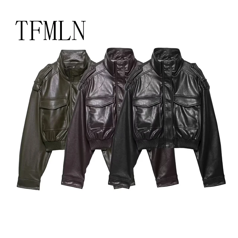 TFMLN, chaqueta recortada de piel sintética para mujer, abrigos Vintage gruesos de manga larga con cremallera para invierno 2025, ropa de calle para mujer