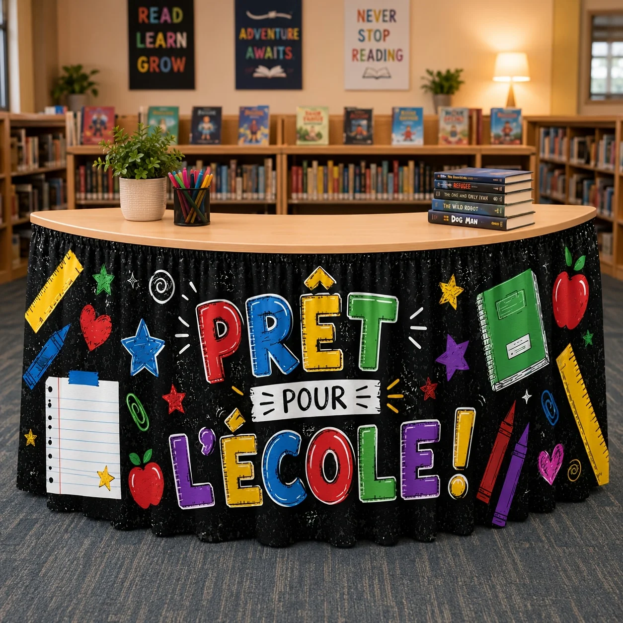 Colorful campus theme tablecloth print, featuring educational designs such as theFrench textbooks for the new term and heartsxzj